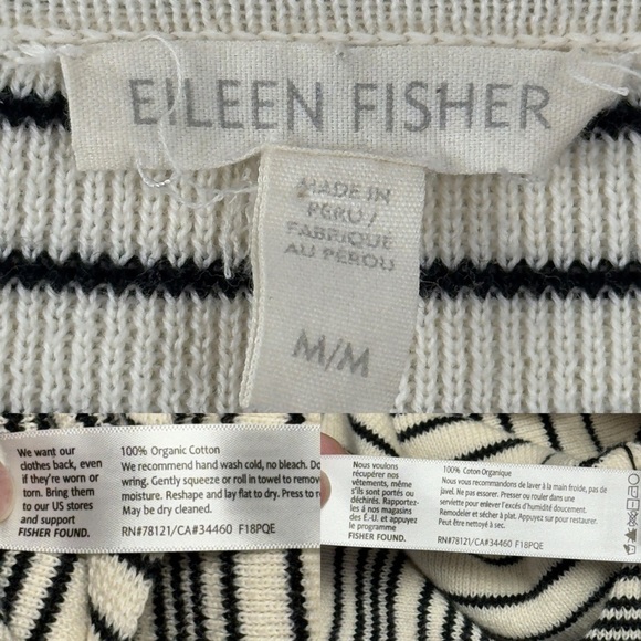 Eileen Fisher Boxy Fit Oversized 100% Organic Cotton Striped Sweater Ivory Black - Picture 15 of 16